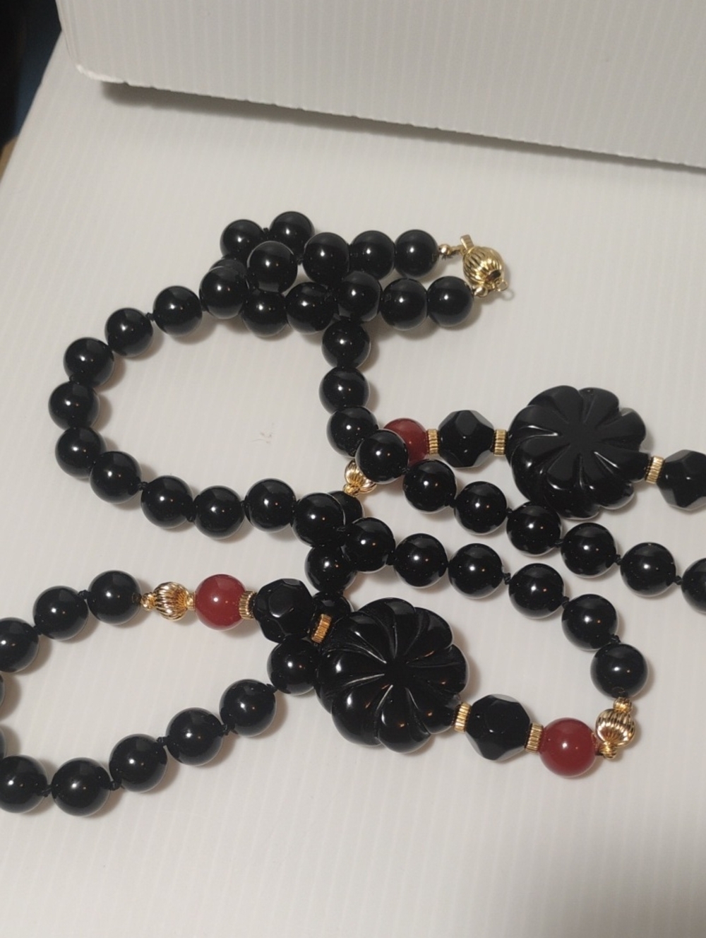 Black Onyx Gold & Carnelian Beaded Vintage Necklace 38" Total length - Picture 3 of 6